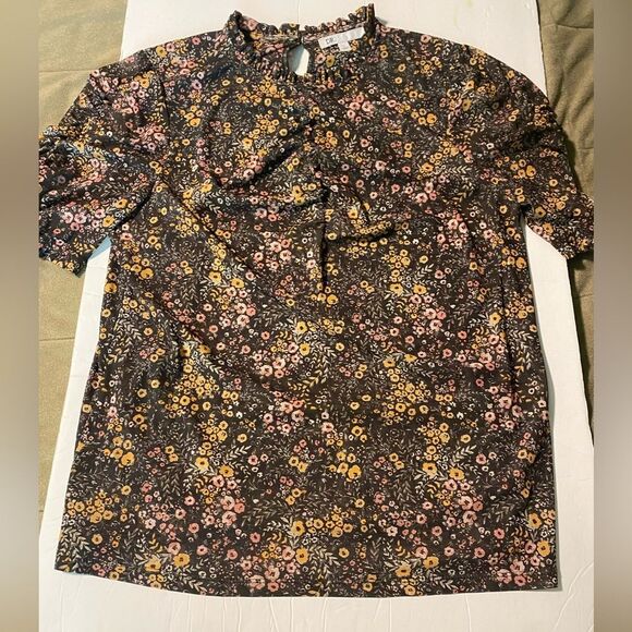 DR2 high neck brown micro floral print short sleeve blouse semi Sheer mesh L - Picture 1 of 9